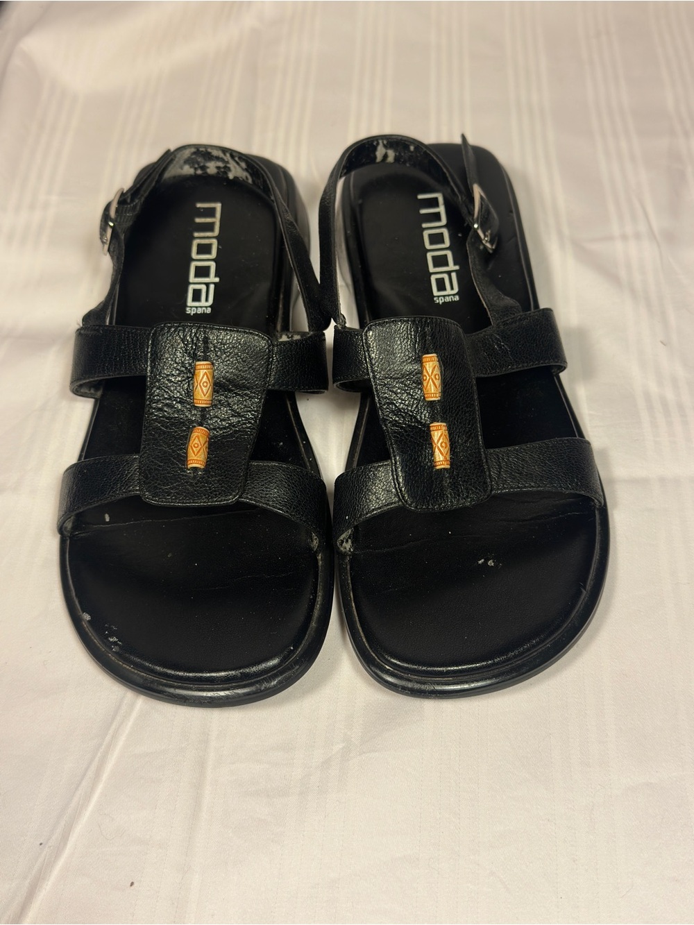 Moda Spana Black Leather Strappy Sandals with Gold Bamboo Accents Comfort 7M